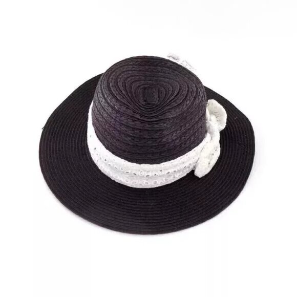 August Hat Company Panama Fedora Hat Black White Eyelet Embroidered Trim Bow - Picture 5 of 5